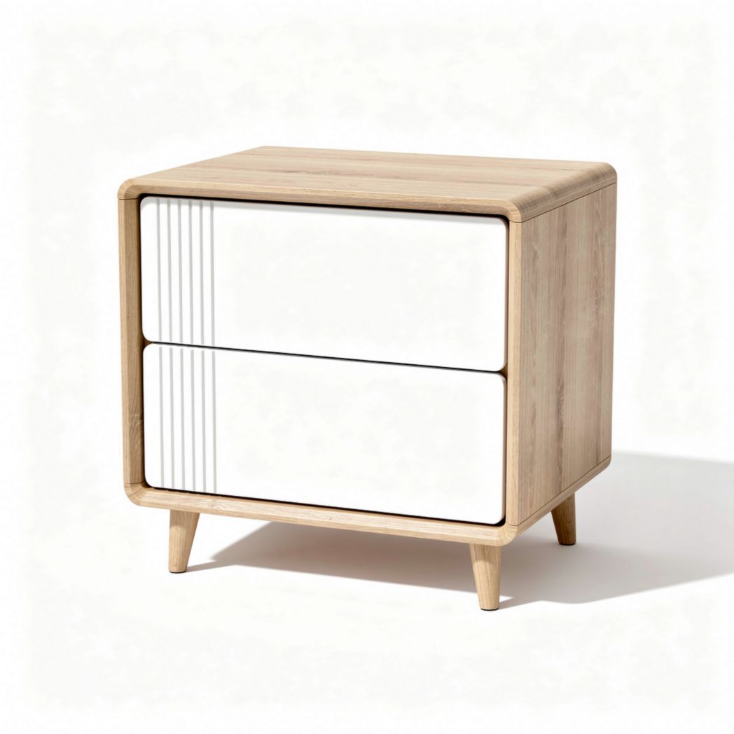 Table de chevet en bois clair avec tiroirs blancs 50 x 40 x 45cm