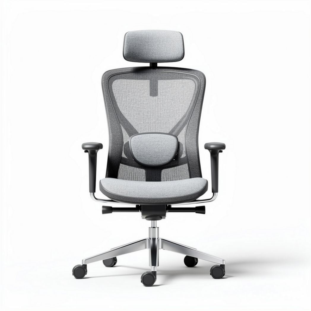 Chaise de bureau ergonomique en mesh gris avec support lombaire et accoudoirs réglables