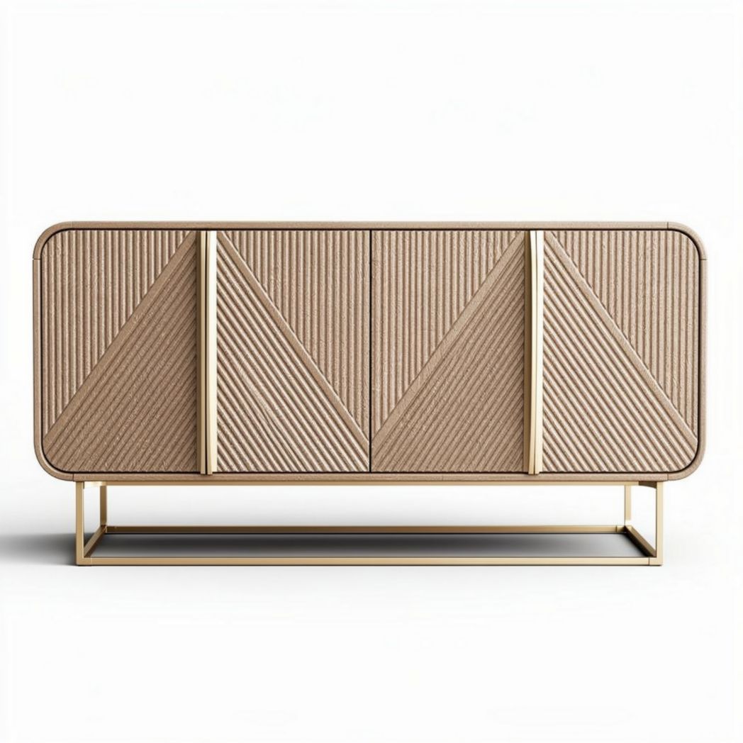 Buffet contemporain en bois avec motifs géométriques et acier doré 120 x 40 x 75cm